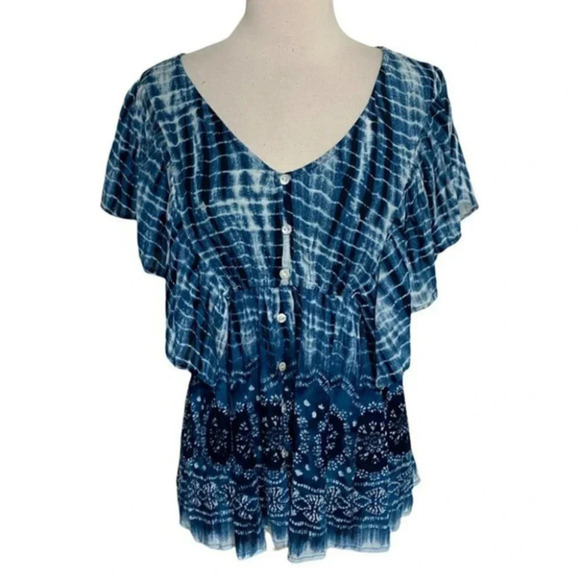 bila M blue acid wash button down with ruffled‎ sleeves - Picture 1 of 5